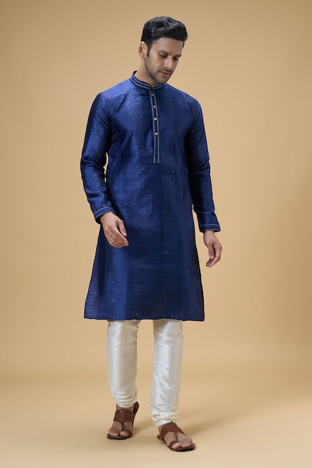 Buy Arihant Rai Sinha Blue Jacquard, Chanderi Sequins Woven Stripe Kurta With Churidar Online at Aza Fashions Buy_Arihant Rai Sinha_Blue Jacquard, Chanderi Sequins Woven Stripe Kurta With Churidar _Online_at_Aza_Fashions