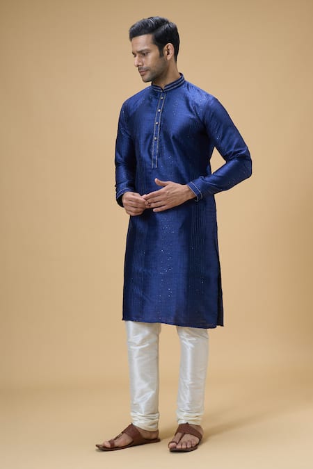 Shop Arihant Rai Sinha Blue Jacquard, Chanderi Sequins Woven Stripe Kurta With Churidar Online at Aza Fashions Shop_Arihant Rai Sinha_Blue Jacquard, Chanderi Sequins Woven Stripe Kurta With Churidar _Online_at_Aza_Fashions