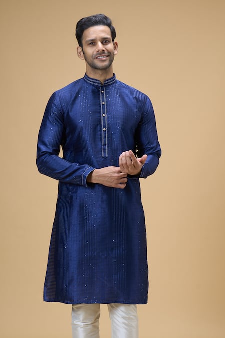 Arihant Rai Sinha Blue Jacquard, Chanderi Sequins Woven Stripe Kurta With Churidar at Aza Fashions Arihant Rai Sinha_Blue Jacquard, Chanderi Sequins Woven Stripe Kurta With Churidar _at_Aza_Fashions