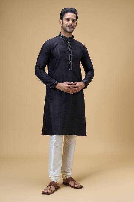 Shop Arihant Rai Sinha Black Jacquard, , Chanderi Sequins Woven Geometric Kurta With Churidar Online at Aza Fashions Shop_Arihant Rai Sinha_Black Jacquard, , Chanderi Sequins Woven Geometric Kurta With Churidar _Online_at_Aza_Fashions