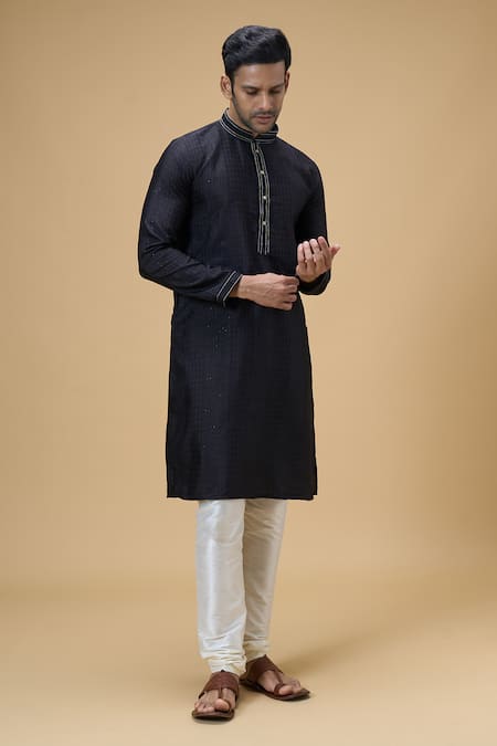 Arihant Rai Sinha Black Jacquard, , Chanderi Sequins Woven Geometric Kurta With Churidar at Aza Fashions Arihant Rai Sinha_Black Jacquard, , Chanderi Sequins Woven Geometric Kurta With Churidar _at_Aza_Fashions