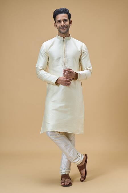 Shop_Arihant Rai Sinha_Cream Jacquard, Silk, Brocade Woven Textured Kurta _Online_at_Aza_Fashions