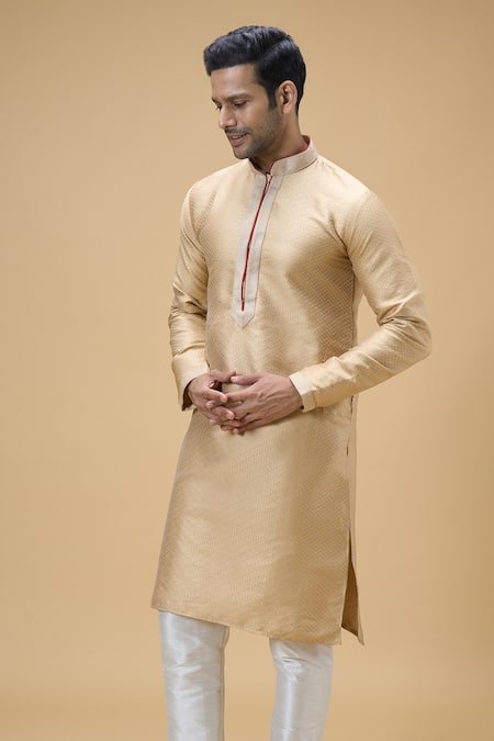 Shop Arihant Rai Sinha Beige Jacquard, Silk, Brocade Checkered Textured Kurta Online at Aza Fashions Shop_Arihant Rai Sinha_Beige Jacquard, Silk, Brocade Checkered Textured Kurta _Online_at_Aza_Fashions