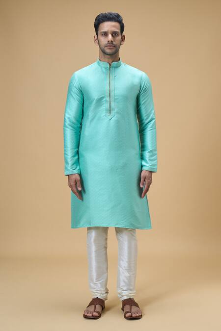 Arihant Rai Sinha Blue Jacquard, Silk, Brocade Checkered Woven Kurta Online at Aza Fashions Arihant Rai Sinha_Blue Jacquard, Silk, Brocade Checkered Woven Kurta _Online_at_Aza_Fashions