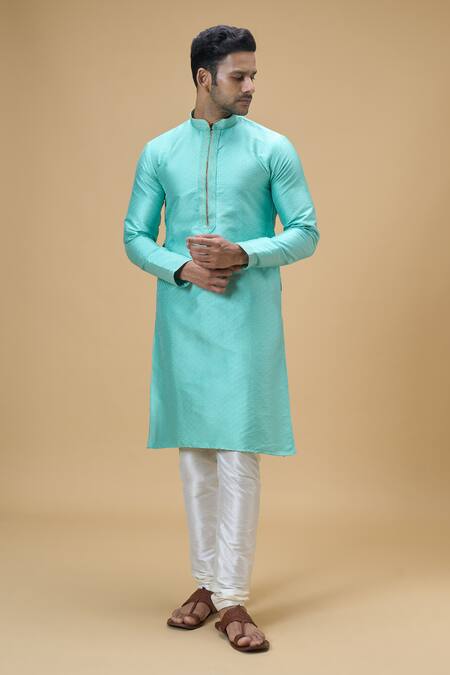 Shop Arihant Rai Sinha Blue Jacquard, Silk, Brocade Checkered Woven Kurta Online at Aza Fashions Shop_Arihant Rai Sinha_Blue Jacquard, Silk, Brocade Checkered Woven Kurta _Online_at_Aza_Fashions