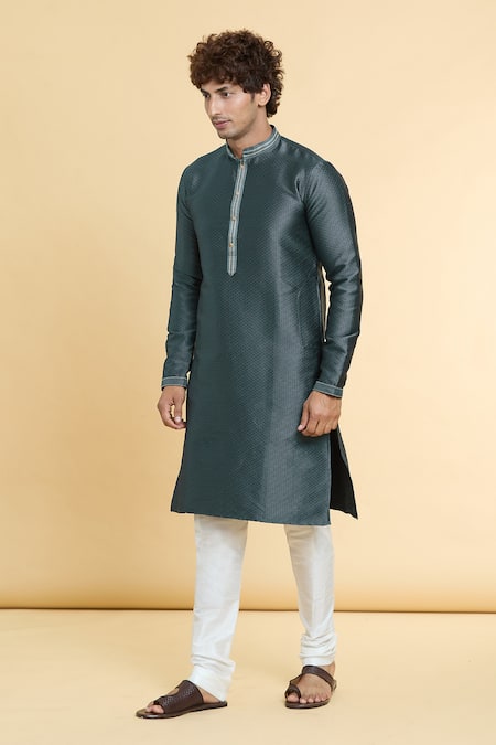 Arihant Rai Sinha_Grey Jacquard, Silk, Brocade Tonal Checkered Woven Kurta _Online_at_Aza_Fashions