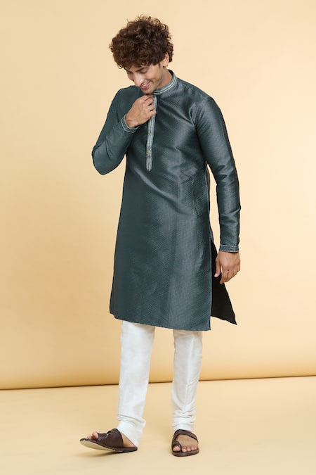 Buy_Arihant Rai Sinha_Grey Jacquard, Silk, Brocade Tonal Checkered Woven Kurta _Online_at_Aza_Fashions
