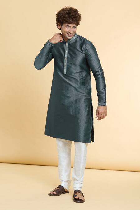 Shop_Arihant Rai Sinha_Grey Jacquard, Silk, Brocade Tonal Checkered Woven Kurta _Online_at_Aza_Fashions