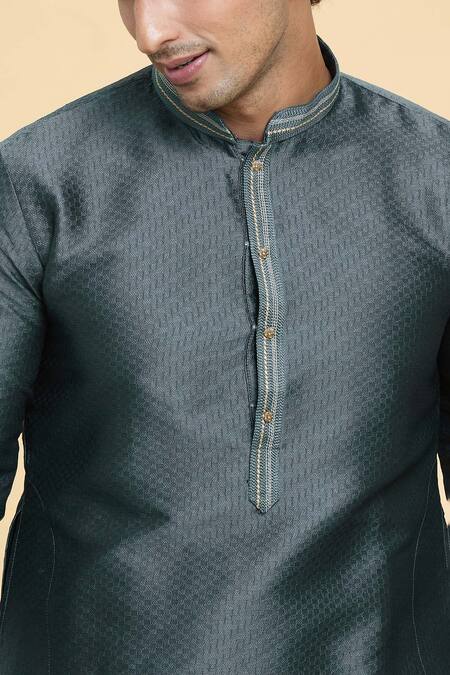 Arihant Rai Sinha_Grey Jacquard, Silk, Brocade Tonal Checkered Woven Kurta _at_Aza_Fashions