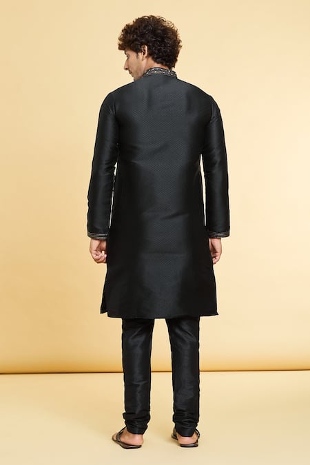 Shop Arihant Rai Sinha Black Jacquard, Chanderi Tonal Woven Checkered Kurta With Churidar at Aza Fashions Shop_Arihant Rai Sinha_Black Jacquard, Chanderi Tonal Woven Checkered Kurta With Churidar _at_Aza_Fashions