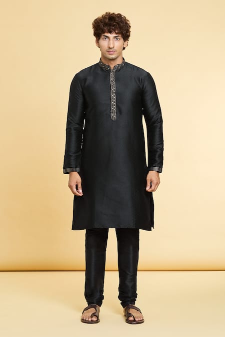 Arihant Rai Sinha Black Jacquard, Chanderi Tonal Woven Checkered Kurta With Churidar Online at Aza Fashions Arihant Rai Sinha_Black Jacquard, Chanderi Tonal Woven Checkered Kurta With Churidar _Online_at_Aza_Fashions