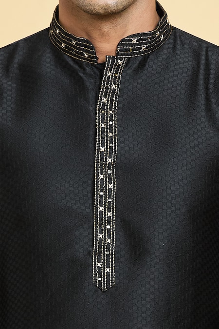 Shop Arihant Rai Sinha Black Jacquard, Chanderi Tonal Woven Checkered Kurta With Churidar Online at Aza Fashions Shop_Arihant Rai Sinha_Black Jacquard, Chanderi Tonal Woven Checkered Kurta With Churidar _Online_at_Aza_Fashions