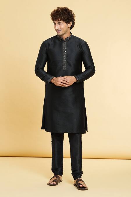 Arihant Rai Sinha Black Jacquard, Chanderi Tonal Woven Checkered Kurta With Churidar at Aza Fashions Arihant Rai Sinha_Black Jacquard, Chanderi Tonal Woven Checkered Kurta With Churidar _at_Aza_Fashions