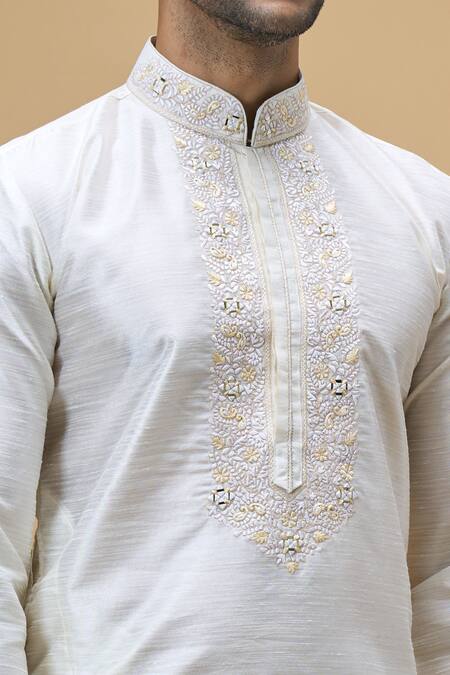 Arihant Rai Sinha Cream Silk Embroidery Floral Placket Kurta With Churidar Online at Aza Fashions Arihant Rai Sinha_Cream Silk Embroidery Floral Placket Kurta With Churidar _Online_at_Aza_Fashions