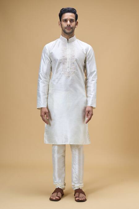 Buy Arihant Rai Sinha Cream Silk Embroidery Floral Placket Kurta With Churidar Online at Aza Fashions Buy_Arihant Rai Sinha_Cream Silk Embroidery Floral Placket Kurta With Churidar _Online_at_Aza_Fashions