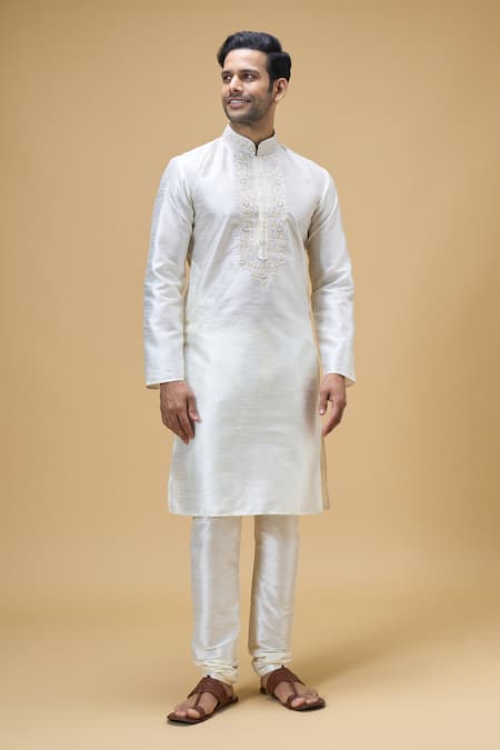 Shop Arihant Rai Sinha Cream Silk Embroidery Floral Placket Kurta With Churidar Online at Aza Fashions Shop_Arihant Rai Sinha_Cream Silk Embroidery Floral Placket Kurta With Churidar _Online_at_Aza_Fashions