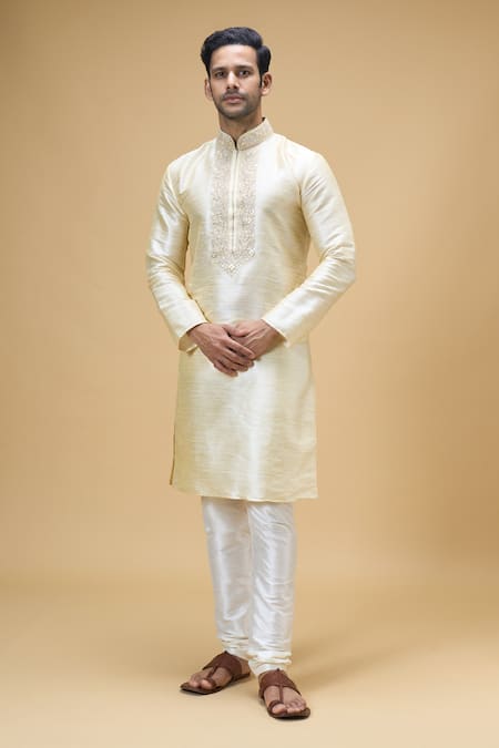 Arihant Rai Sinha Beige Silk Embroidery Paisley Placket Kurta With Churidar at Aza Fashions Arihant Rai Sinha_Beige Silk Embroidery Paisley Placket Kurta With Churidar _at_Aza_Fashions