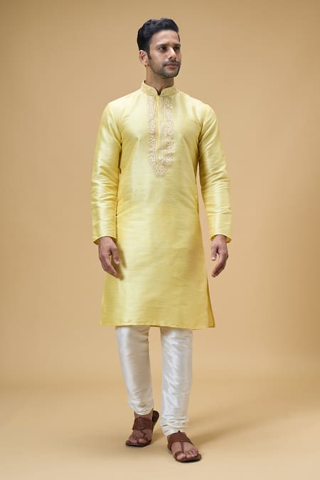 Arihant Rai Sinha Yellow Banarasi Art Silk Embroidered Thread Floral Placket Kurta 