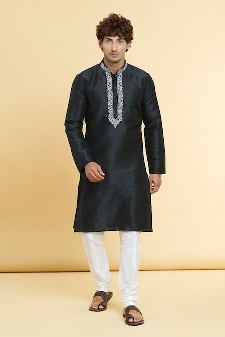 Arihant Rai Sinha_Black Chanderi , Embroidery Placket Kurta With Churidar _Online_at_Aza_Fashions
