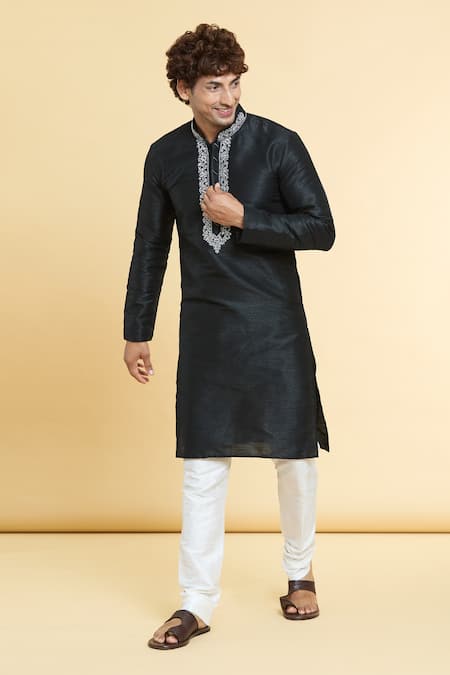Buy_Arihant Rai Sinha_Black Chanderi , Embroidery Placket Kurta With Churidar _Online_at_Aza_Fashions