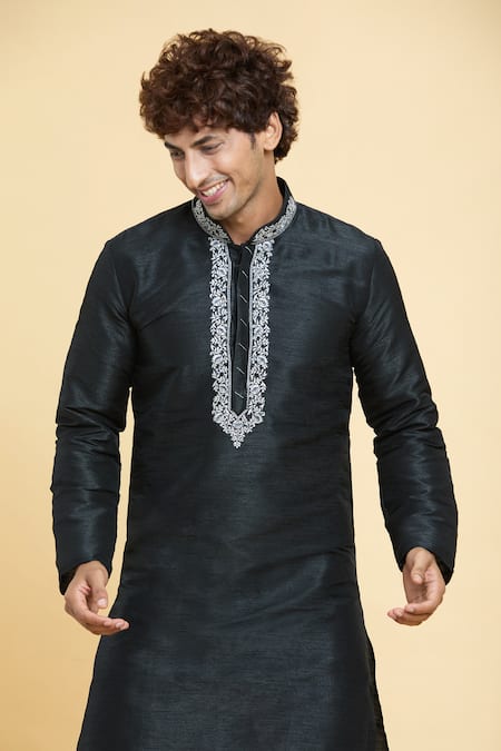 Shop_Arihant Rai Sinha_Black Chanderi , Embroidery Placket Kurta With Churidar _Online_at_Aza_Fashions