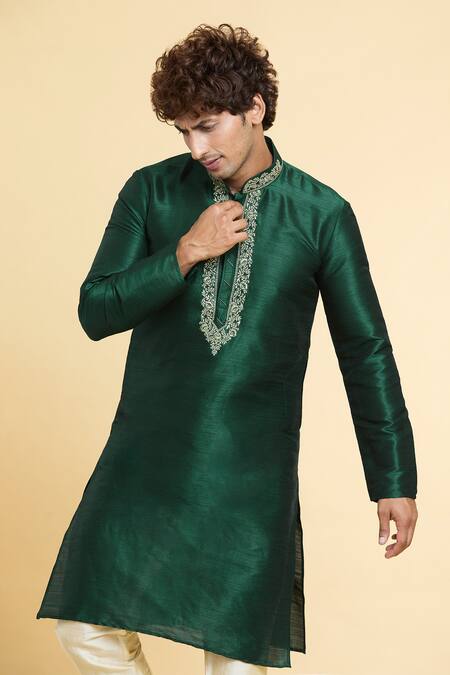 Arihant Rai Sinha_Green Chanderi , Embroidery Placket Straight Kurta With Churidar _Online_at_Aza_Fashions