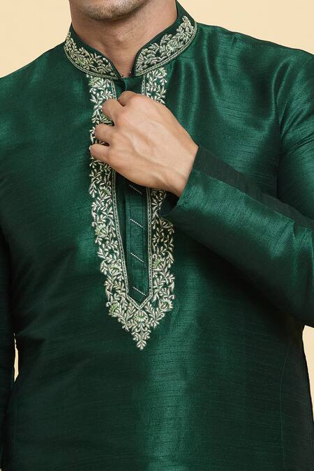 Buy_Arihant Rai Sinha_Green Chanderi , Embroidery Placket Straight Kurta With Churidar _Online_at_Aza_Fashions