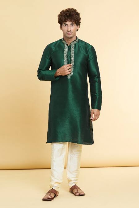 Shop_Arihant Rai Sinha_Green Chanderi , Embroidery Placket Straight Kurta With Churidar _Online_at_Aza_Fashions