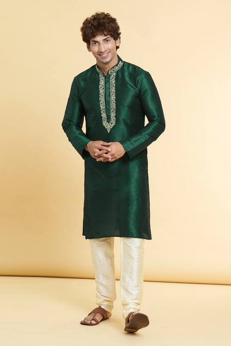Arihant Rai Sinha_Green Chanderi , Embroidery Placket Straight Kurta With Churidar _at_Aza_Fashions