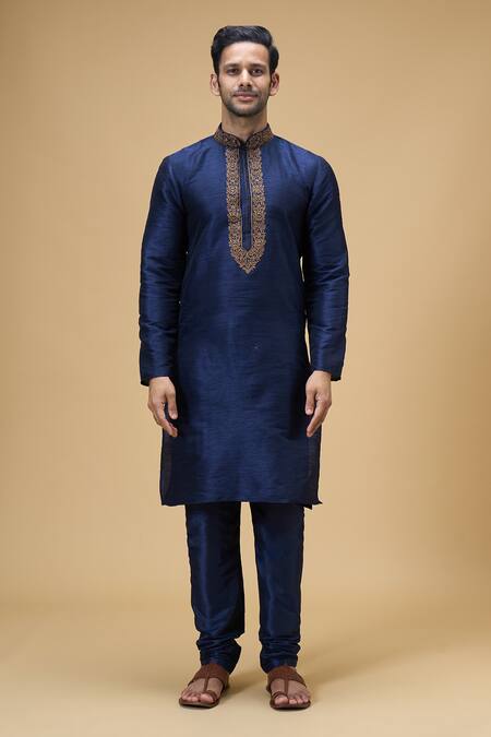 Arihant Rai Sinha Blue Silk Embroidery Floral Placket Kurta Online at Aza Fashions Arihant Rai Sinha_Blue Silk Embroidery Floral Placket Kurta _Online_at_Aza_Fashions