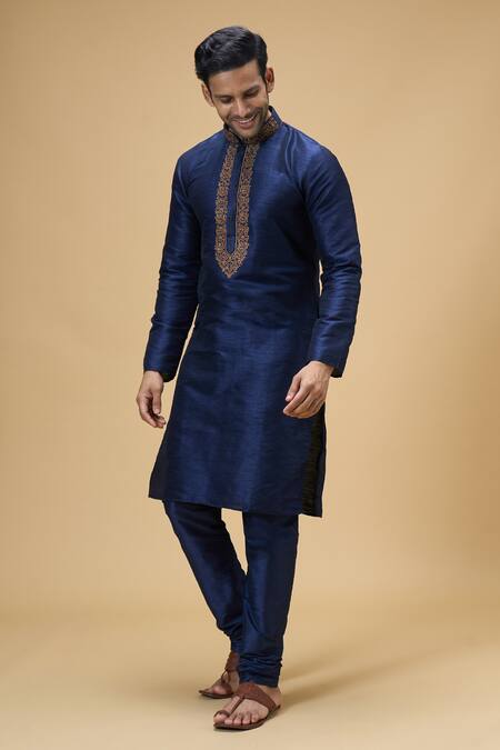 Buy Arihant Rai Sinha Blue Silk Embroidery Floral Placket Kurta Online at Aza Fashions Buy_Arihant Rai Sinha_Blue Silk Embroidery Floral Placket Kurta _Online_at_Aza_Fashions