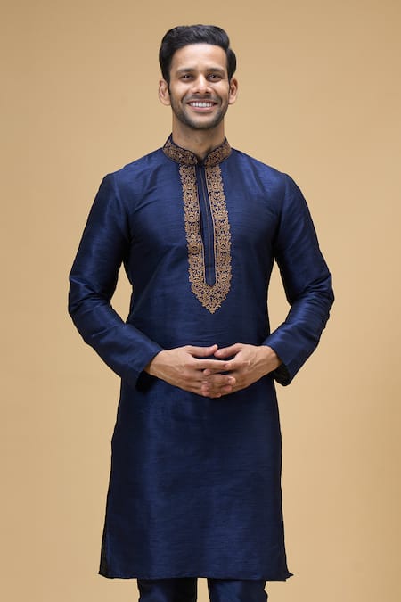 Shop Arihant Rai Sinha Blue Silk Embroidery Floral Placket Kurta Online at Aza Fashions Shop_Arihant Rai Sinha_Blue Silk Embroidery Floral Placket Kurta _Online_at_Aza_Fashions
