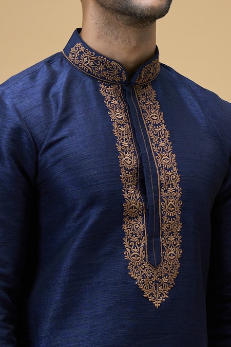 Arihant Rai Sinha Blue Silk Embroidery Floral Placket Kurta at Aza Fashions Arihant Rai Sinha_Blue Silk Embroidery Floral Placket Kurta _at_Aza_Fashions
