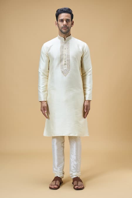 Buy Arihant Rai Sinha Yellow Jacquard, Silk, Denim Floral Straight Placket Kurta With Churidar Online at Aza Fashions Buy_Arihant Rai Sinha_Yellow Jacquard, Silk, Denim Floral Straight Placket Kurta With Churidar _Online_at_Aza_Fashions