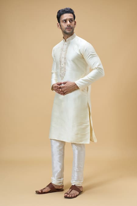 Shop Arihant Rai Sinha Yellow Jacquard, Silk, Denim Floral Straight Placket Kurta With Churidar Online at Aza Fashions Shop_Arihant Rai Sinha_Yellow Jacquard, Silk, Denim Floral Straight Placket Kurta With Churidar _Online_at_Aza_Fashions