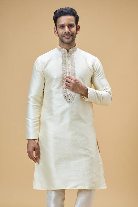 Arihant Rai Sinha Yellow Jacquard, Silk, Denim Floral Straight Placket Kurta With Churidar at Aza Fashions Arihant Rai Sinha_Yellow Jacquard, Silk, Denim Floral Straight Placket Kurta With Churidar _at_Aza_Fashions