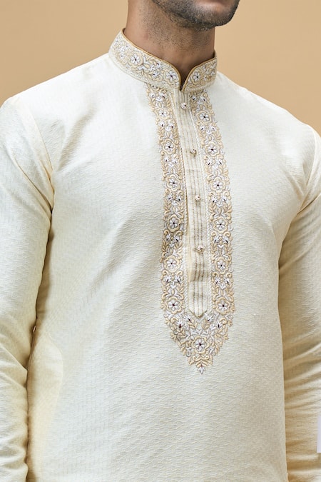 Buy Arihant Rai Sinha Yellow Jacquard, Silk, Denim Floral Straight Placket Kurta With Churidar Buy_Arihant Rai Sinha_Yellow Jacquard, Silk, Denim Floral Straight Placket Kurta With Churidar