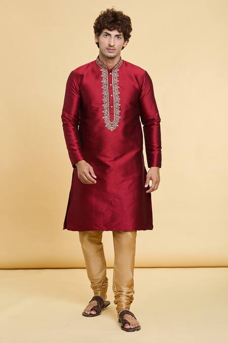 Arihant Rai Sinha_Maroon Jacquard, Silk Embroidery Floret Placket Kurta With Churidar _Online_at_Aza_Fashions