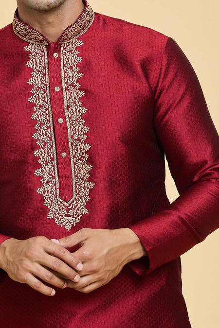 Buy_Arihant Rai Sinha_Maroon Jacquard, Silk Embroidery Floret Placket Kurta With Churidar _Online_at_Aza_Fashions