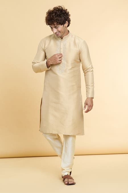 Arihant Rai Sinha_Gold Jacquard, Silk Embroidery Floral Pattern Placket Kurta_Online_at_Aza_Fashions
