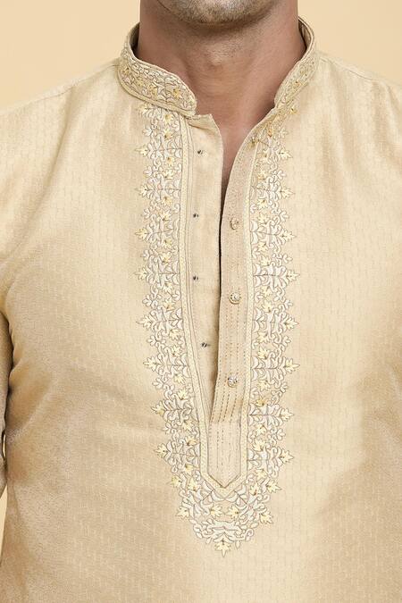 Shop_Arihant Rai Sinha_Gold Jacquard, Silk Embroidery Floral Pattern Placket Kurta_Online_at_Aza_Fashions
