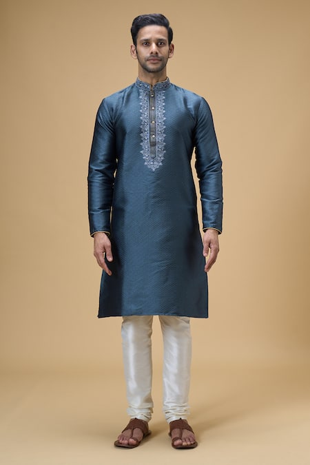 Buy_Arihant Rai Sinha_Grey Jacquard, Silk Embroidery Floret Pattern Border Kurta With Churidar _Online_at_Aza_Fashions