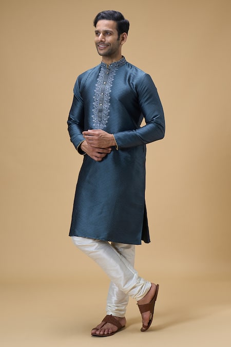 Shop_Arihant Rai Sinha_Grey Jacquard, Silk Embroidery Floret Pattern Border Kurta With Churidar _Online_at_Aza_Fashions