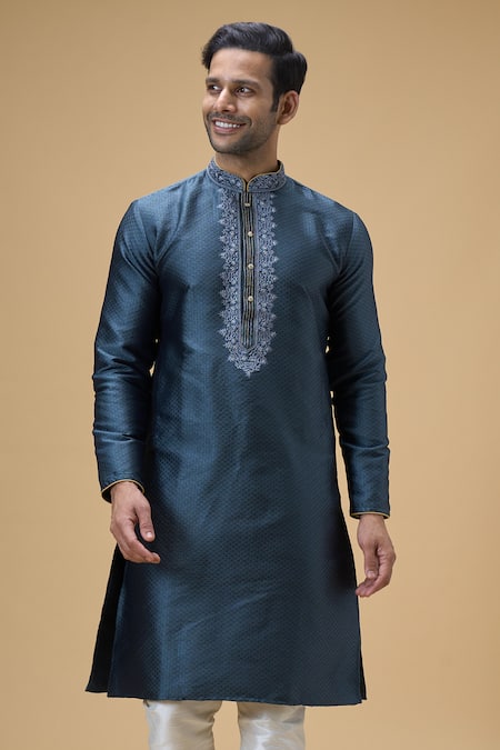 Arihant Rai Sinha_Grey Jacquard, Silk Embroidery Floret Pattern Border Kurta With Churidar _at_Aza_Fashions
