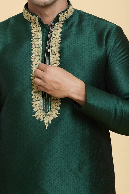 Arihant Rai Sinha_Green Jacquard, Silk Zari Embroidered Placket Kurta_Online_at_Aza_Fashions