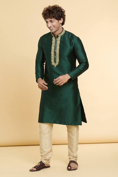Buy_Arihant Rai Sinha_Green Jacquard, Silk Zari Embroidered Placket Kurta_Online_at_Aza_Fashions
