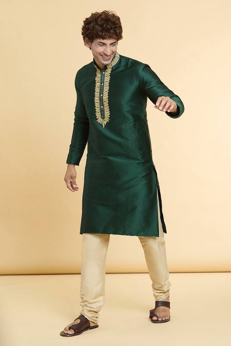 Shop_Arihant Rai Sinha_Green Jacquard, Silk Zari Embroidered Placket Kurta_Online_at_Aza_Fashions