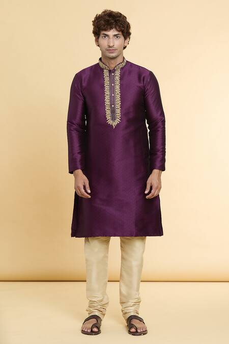Buy_Arihant Rai Sinha_Purple Jacquard, Silk Zari Straight Embroidered Placket Kurta With Churidar_Online_at_Aza_Fashions