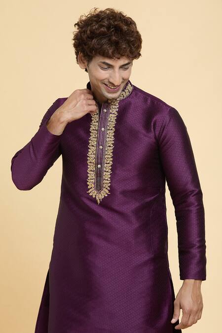 Shop_Arihant Rai Sinha_Purple Jacquard, Silk Zari Straight Embroidered Placket Kurta With Churidar_Online_at_Aza_Fashions