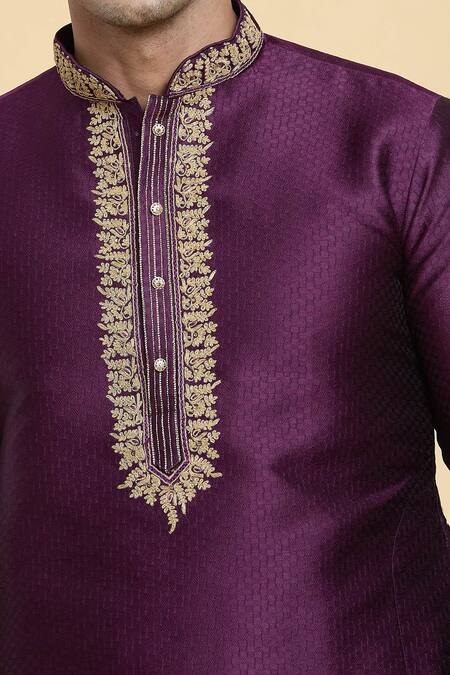 Arihant Rai Sinha_Purple Jacquard, Silk Zari Straight Embroidered Placket Kurta With Churidar_at_Aza_Fashions